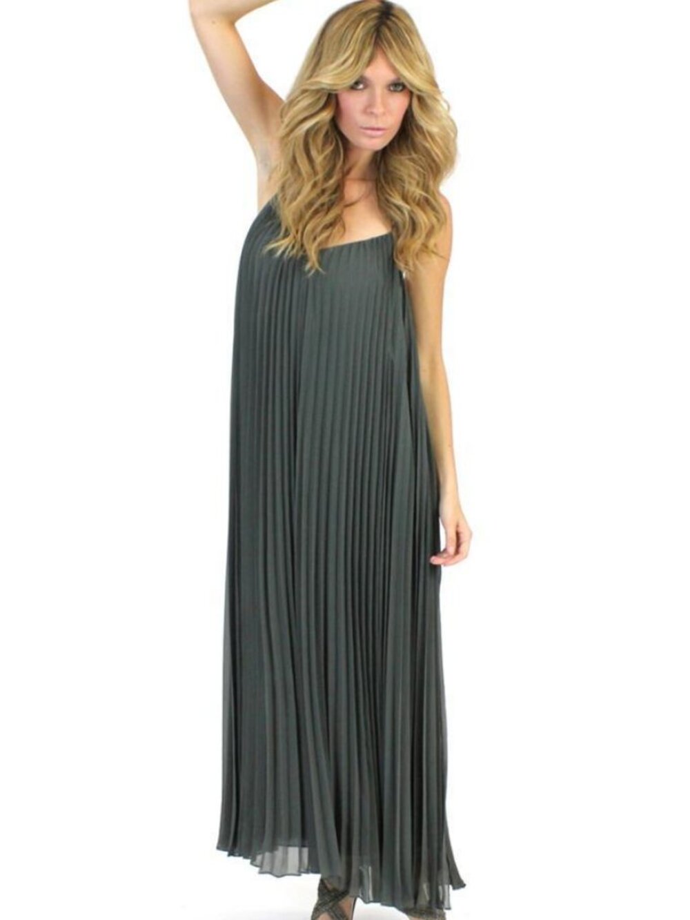 Halston Heritage Spaghetti Tie Strap Pleated Long Dress Musk HRA11CH384 Sz 2 NWT - Picture 4 of 6